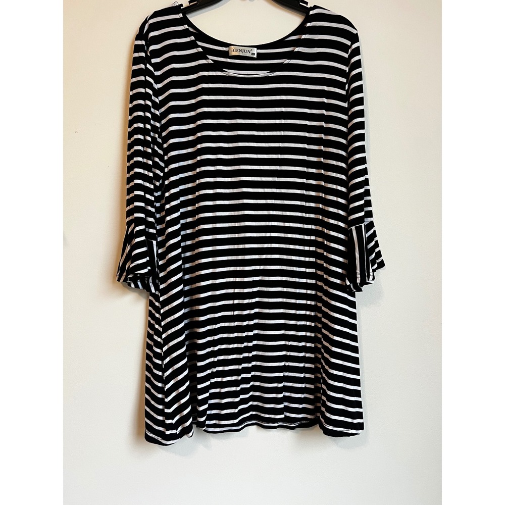 iGenjun Black White Striped Bell Sleeve Swing Dress Women's XL‎